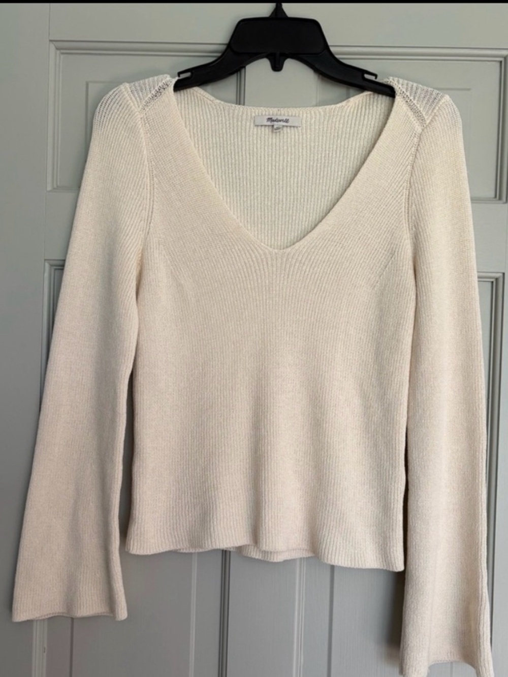 Madewell XS Flared-Sleeve V-Neck Ribbed Sweater in Antique Cream